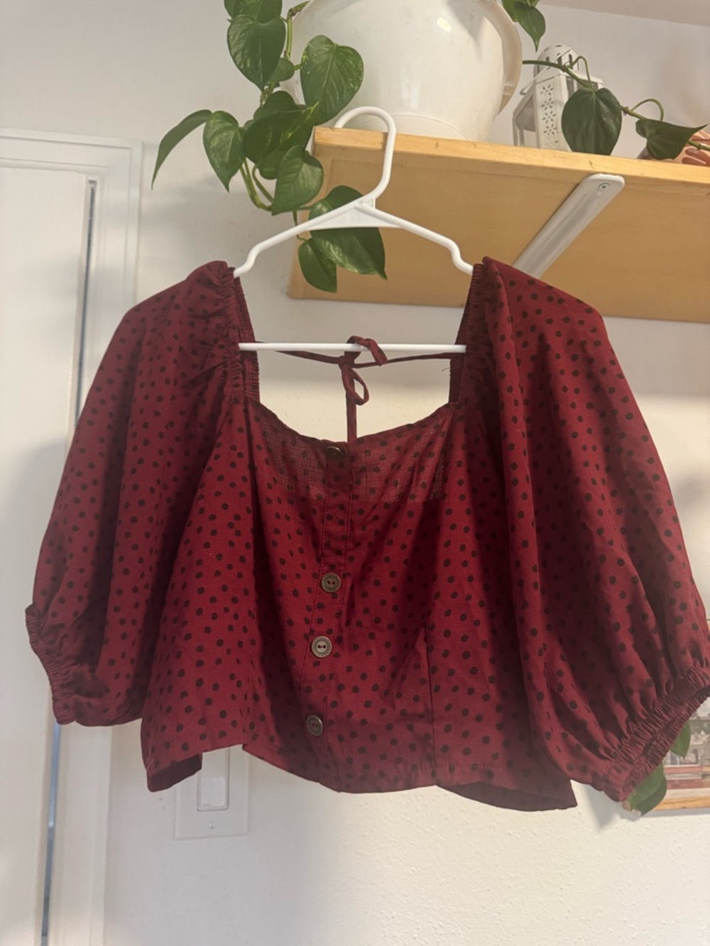 Burgundy Polka Dot Button-Front Puff Sleeve Top